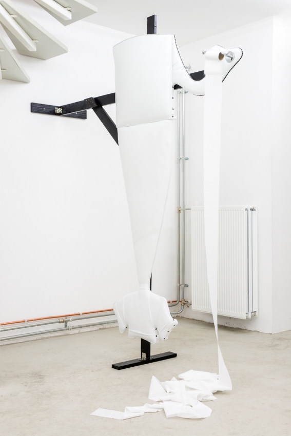 &amp;infin; Stoffen (2017) &amp;infin; &amp;infin; MDF, polyurethane foam, leather effect vinyl, staples, metal studs/strips, chrome toilet roll holder, toilet roll, charred wood &amp;infin;